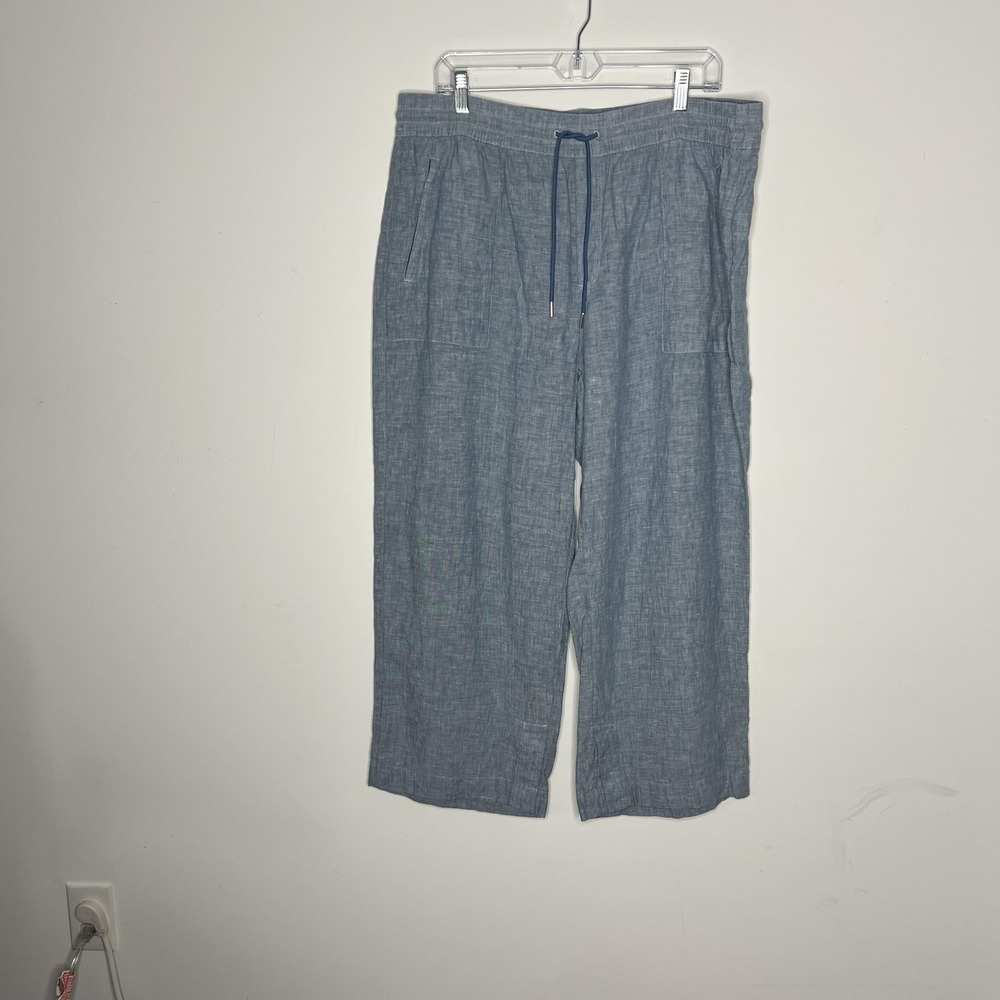 Athleta Pants Womens 16 Blue Linen Cropped Wide Leg Elastic Waist Drawstring